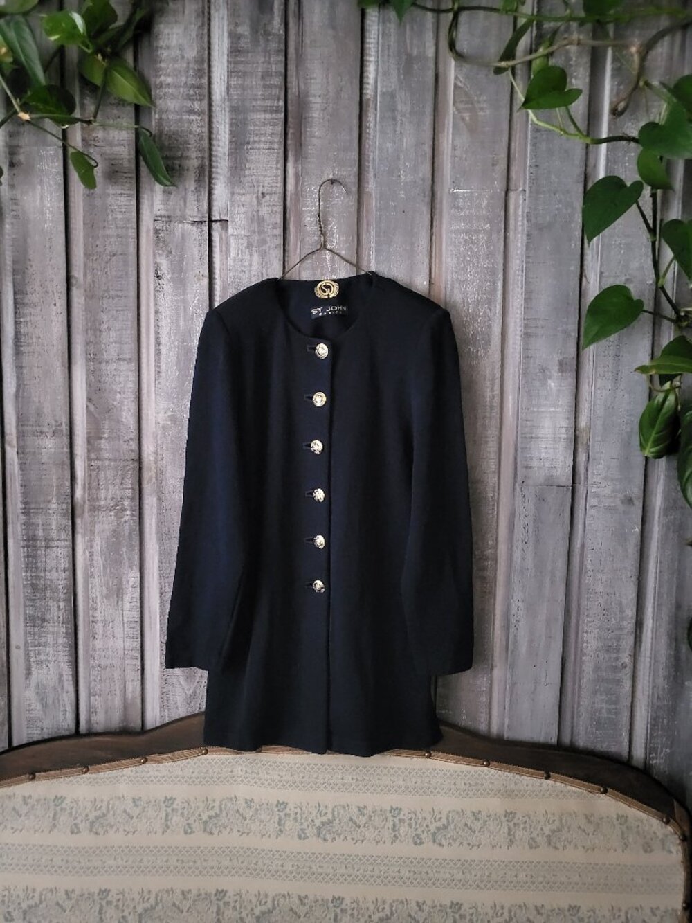 St John Basics Santana Knit Jacket Navy Blue Gold Logo Buttons Vintage S M